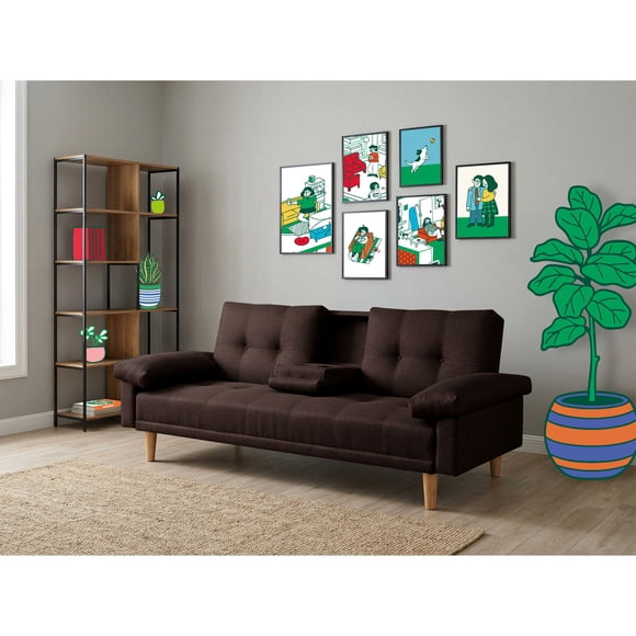 Sofá Cama de Lino Chocolate Makora Modelo Hendrix Con Portavasos