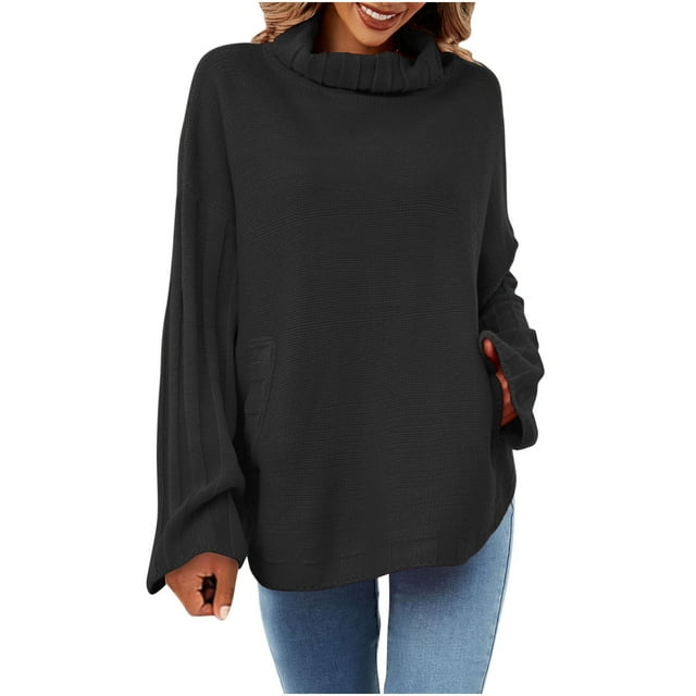 TIMIFIS Turtleneck Sweater Women Oversized Sweaters Fall Long Sleeve Spilt Hem Tunic Pullover Sweater Knit Tops Ribbed Knit Pullover Sweater Jumper Tops OuterwearFall/Winter