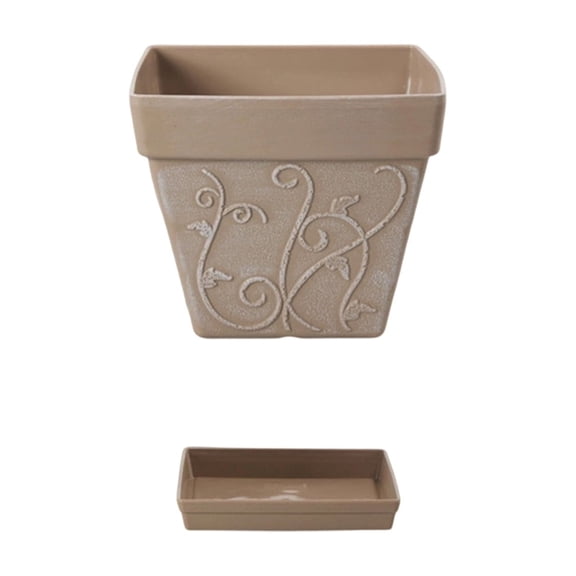 8 Inch Square Faux Ceramic Planter Pot Vintage Embossed Plastic Flower Container With Base Tray Dark Gray 8.11x6.89 Inch