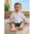 thumbnail image 5 of BemeyourBBs Toddler Baby Boy Summer Clothes Infant baby Boys Cotton Linen Outfits Short Sleeve Solid Color Button Down Shirt Tops and Elastic Waist Pockets Shorts 2Pcs Set, 5 of 9