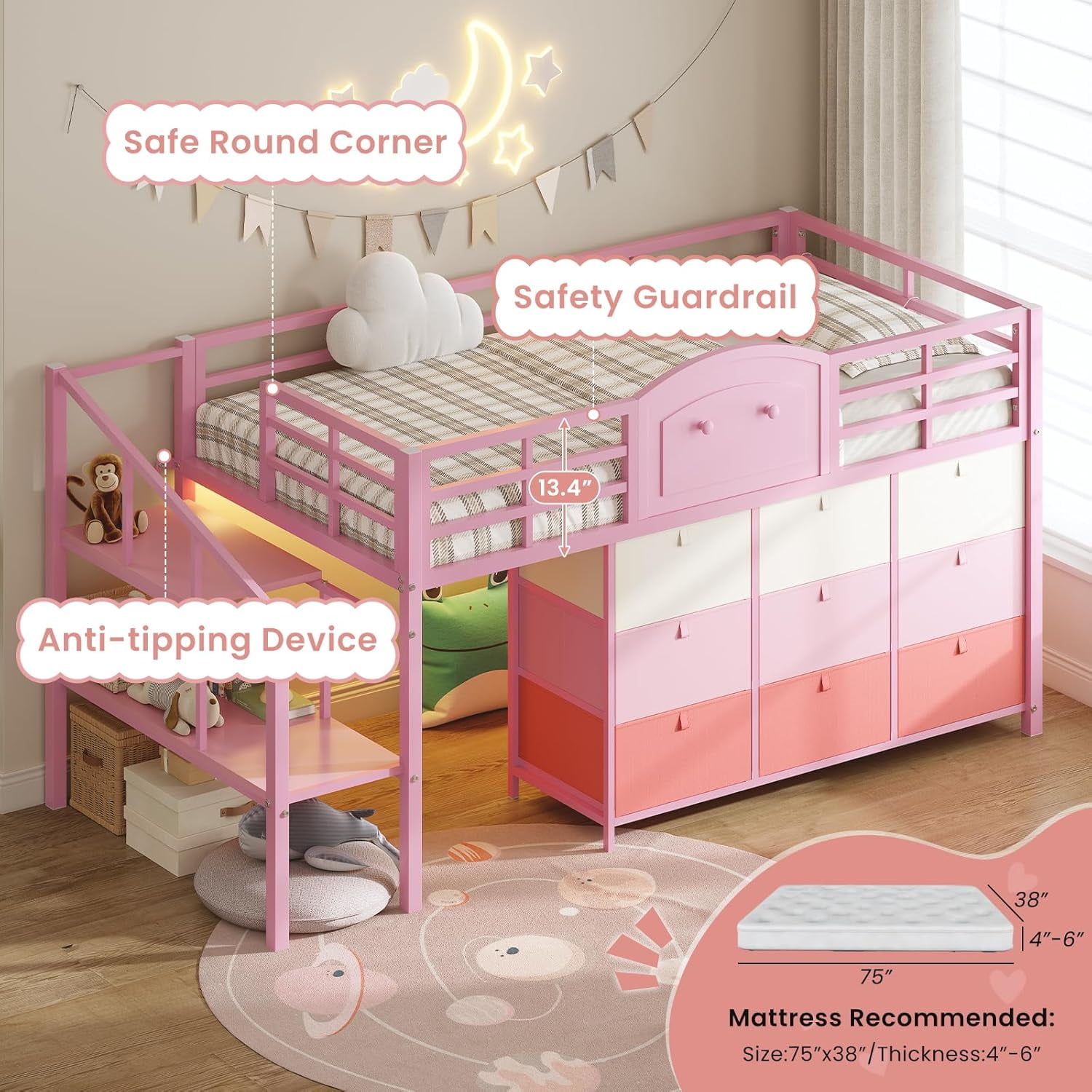 AOGLLATI Twin Size Low Loft Bed with 9 Storage Drawers and Under-Bed Hideaway, Metal Loft Bed with Storage Shelf and LED Lights Pink