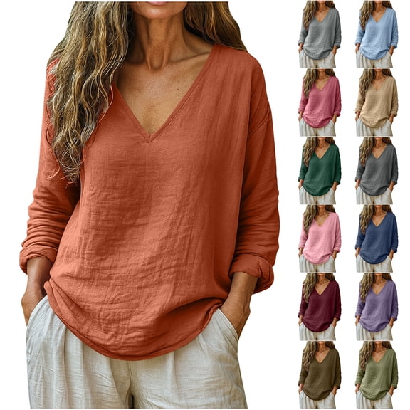 Otntypg Linen Tops for Women Lightweight Dressy Casual Summer Long Sleeve V Neck Basic Solid Color T-Shirts Trendy Oversized Baggy Pullover Blouse Khaki M
