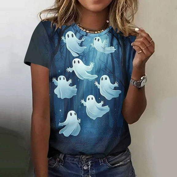 Tops for Women Plus Size Halloween Printed Short Sleeved Casual Pullover Round Neck Blouse Multicolor