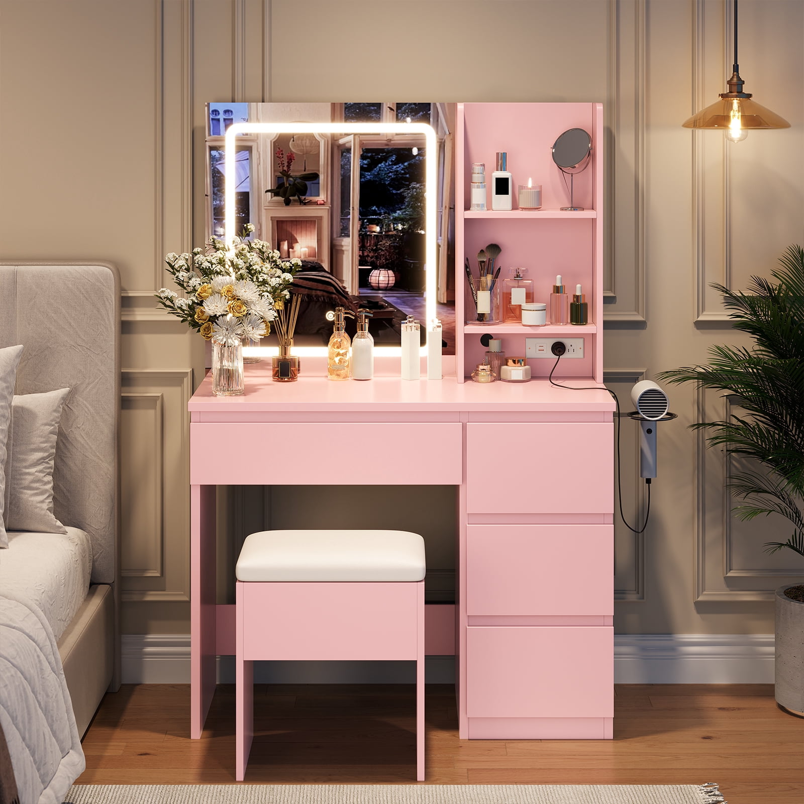 M optimized Vanity Desk with Mirror and Lights - Modern Makeup Dressing Table with Outlets, Storage Stool, 4 Drawers & Hair Dryer Holder - 3 Colors LED Vanity Mirror, Vanities for Bedroom