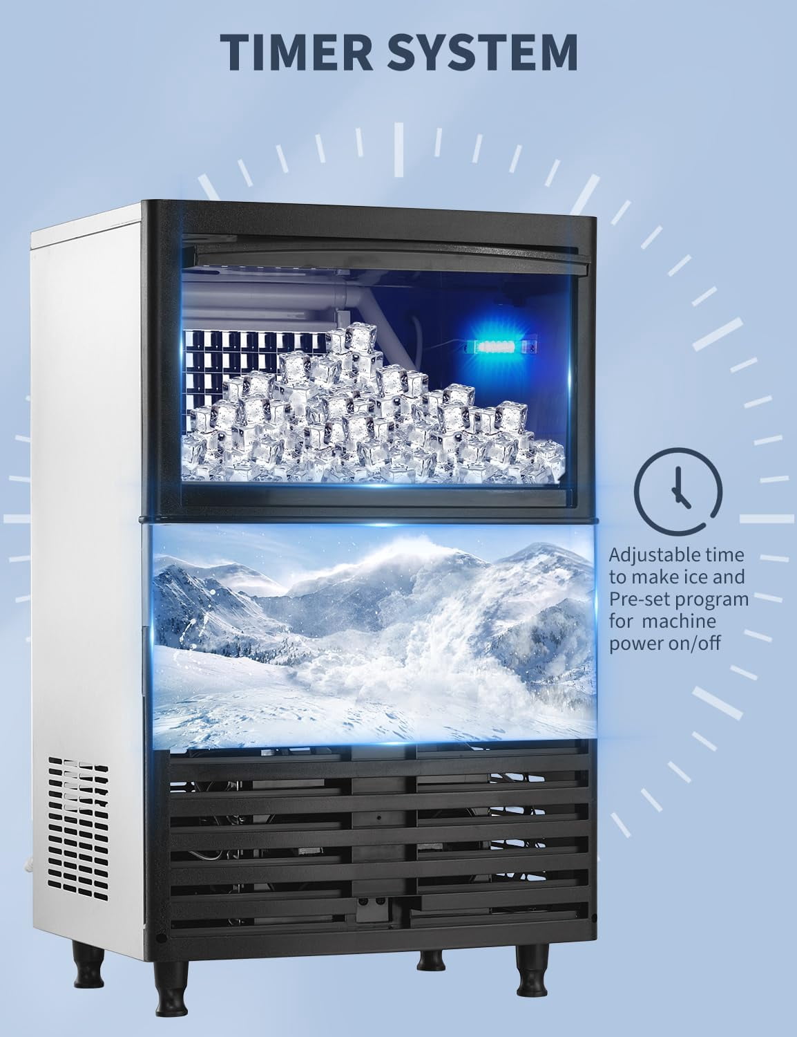 Commercial Ice Maker Machine, 130lbs/24H, 30 Lbs Ice Storage Bin, Fast Making Ice in 5-15 Mins, Auto-Clean, Timer Function, Freestanding or Undercounter for Restaurant,Coffee Shop, Food Truck and Bar