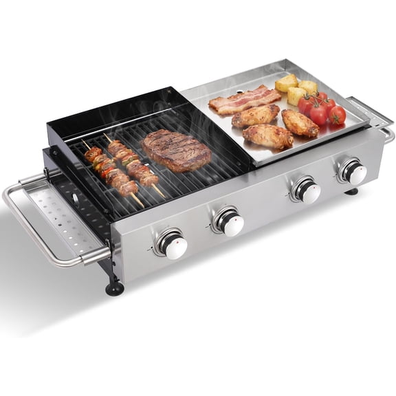 CIG GARDEN 2-Burner Propane Gas Grill & Plancha Combo, 38,200 BTU Outdoor BBQ with Cast Iron Grates - Portable Grill for Backyard, Balcony, Camping