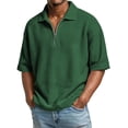 thumbnail image 2 of Qwertyu Men's Quarter Zip Up Tshirts Short Sleeve Collared Waffle Shirts Solid Color Loose Fit Casual Pullover Tops Dark Green 4XL, 2 of 7