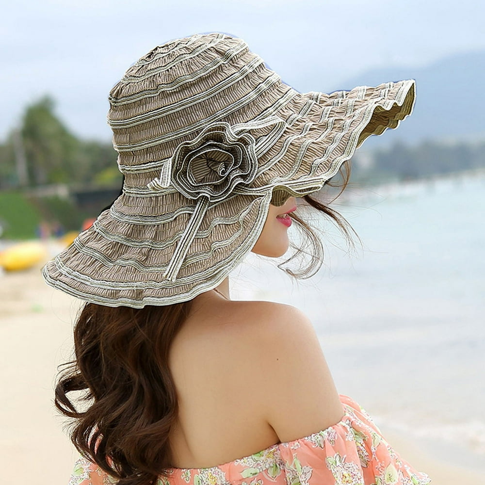 Womens Sun Straw Hat Wide Brim Summer Hat Foldable Roll up Floppy Beach