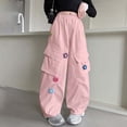 thumbnail image 2 of ZXLBBD Girls' Elastic Waisted Wide Leg Cargo Pants with 3D Floral Embroidery Loose Fit Trousers for Kids Fashion Causal Daily Wear,Pink,Size 8 Y-9 Y, 2 of 5