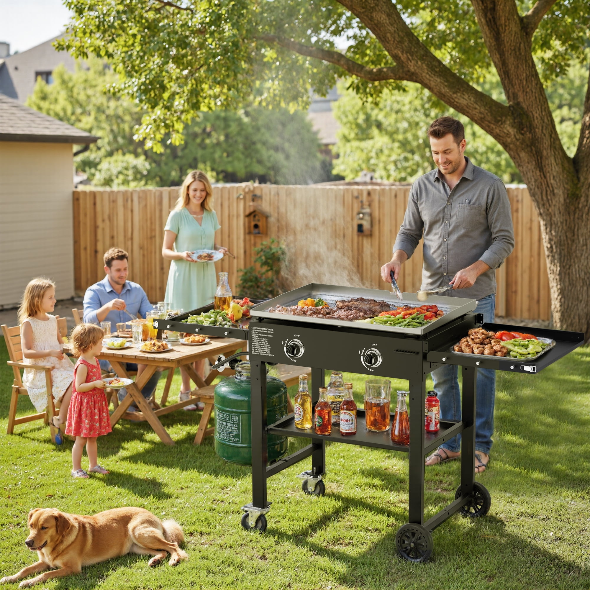 SKOK Foldable 2 Burners Gas Griddle - 28'' Outdoor Propane Flat Top Grill with Side Shelves - 30,000 BTU