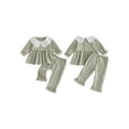 thumbnail image 2 of RUINIXCW Toddler Baby Girl Fall Outfits Casual Plaid Doll Collar Long Sleeve Tops with Ruffled Trim Pants 2 Pcs Set, 2 of 9