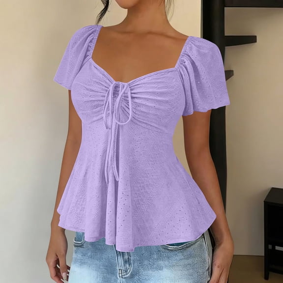 AUNVITO Women's V-Neck Drawstring Tie Short Sleeve T-Shirt for Sexy Casual Style and Comfortable Fit