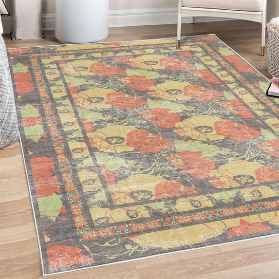 Poppy Decorative Rug, Garden Art Print of Blossoming Wild Meadow Flowers in Warm Colored Style, Quality Carpet for Bedroom Dorm and Living Room, 6 Sizes, Grey and Multicolor, by Ambesonne