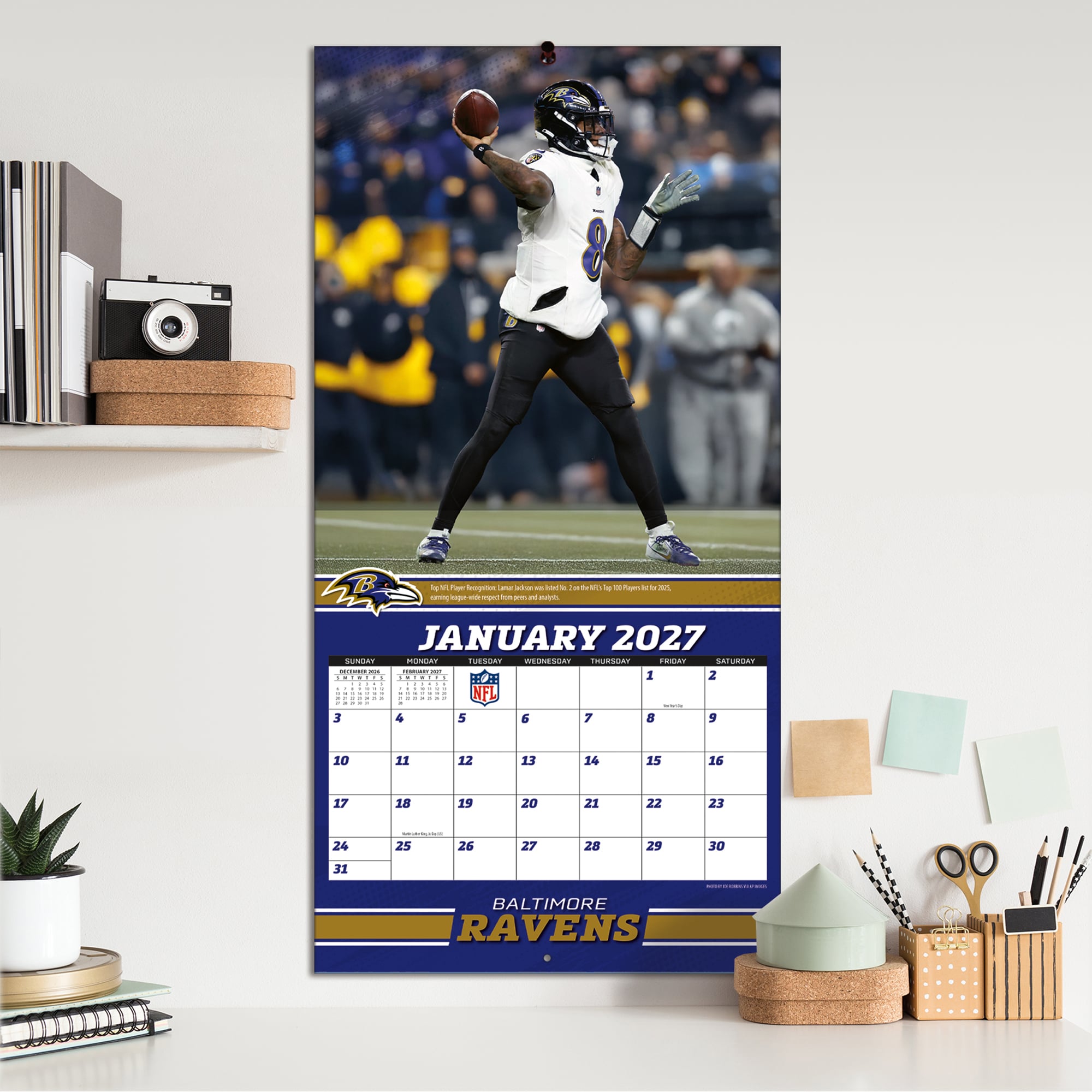 2027 Baltimore Ravens Lamar Jackson, 12x12 Team Wall Calendar, 12"x12", Multicolor