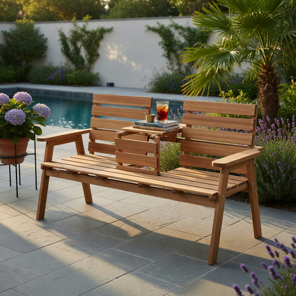 Hommoo Outdoor Folding Fir Wood Patio Bench with Built-in Center Table, Rustic Garden Seating for Backyard, Porch, or Deck, Natural