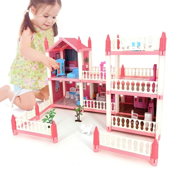 Style-Carry Doll House, Girls Pretend Play DIY Dollhouse Kit, 9 Rooms Building Playset, Dollhouse Accessories and Furniture, Gift Toy for Girls 3-6 Years
