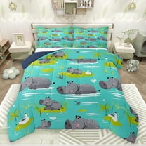Feelyou Cartoon Hippo Child Queen Comforter Set, Kawaii Duck Animal Bedding Sets, Lake Plant Botanical Reversible Bedding Comforter Set, Lightweight Room Decor, 3 Pieces