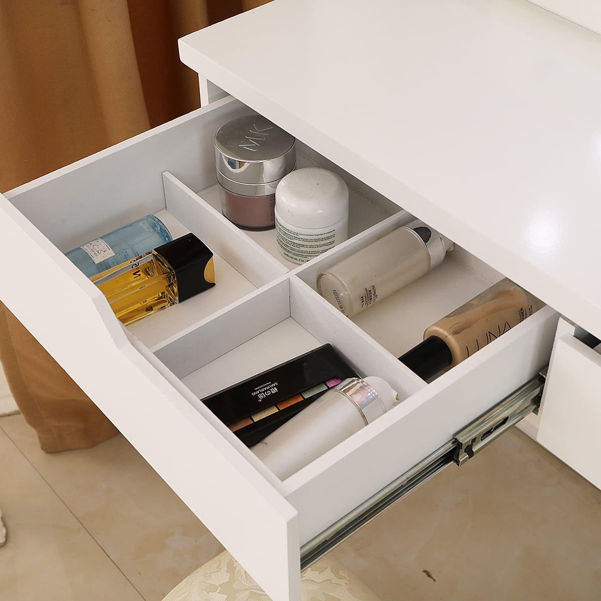 BMTBUY Dressing Table with Single Round Mirror with Bulb & 4