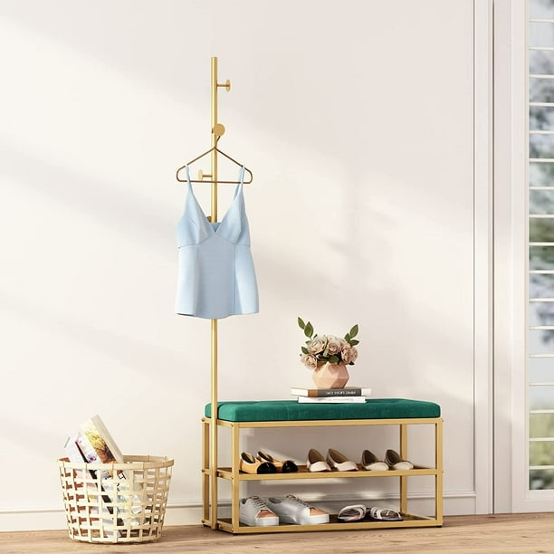 Gold Coat Racks with Bench Green Upholstered, Freestanding Coat Rack