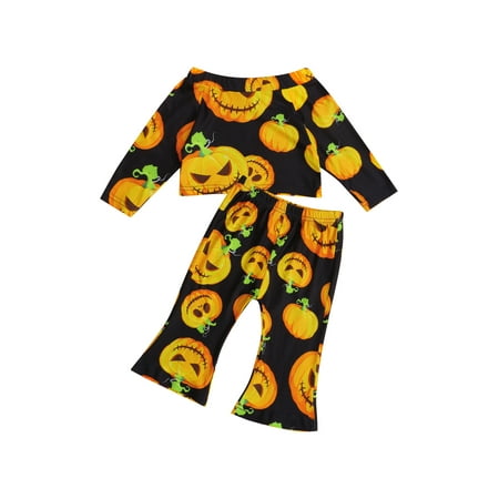 

Canrulo 2PCS Newborn Infant Kids Baby Girls Halloween Pumpkin Print Tops Flared Pants Set Yellow Black 2-3 Years