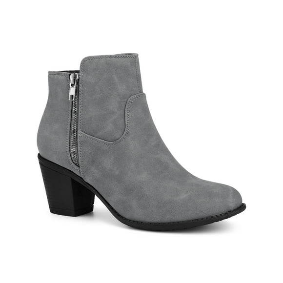 BLISSFUL STEP Women's Ankle Boots Chunky Heel Round Toe Zipper Faux Leather Boots Gray 9