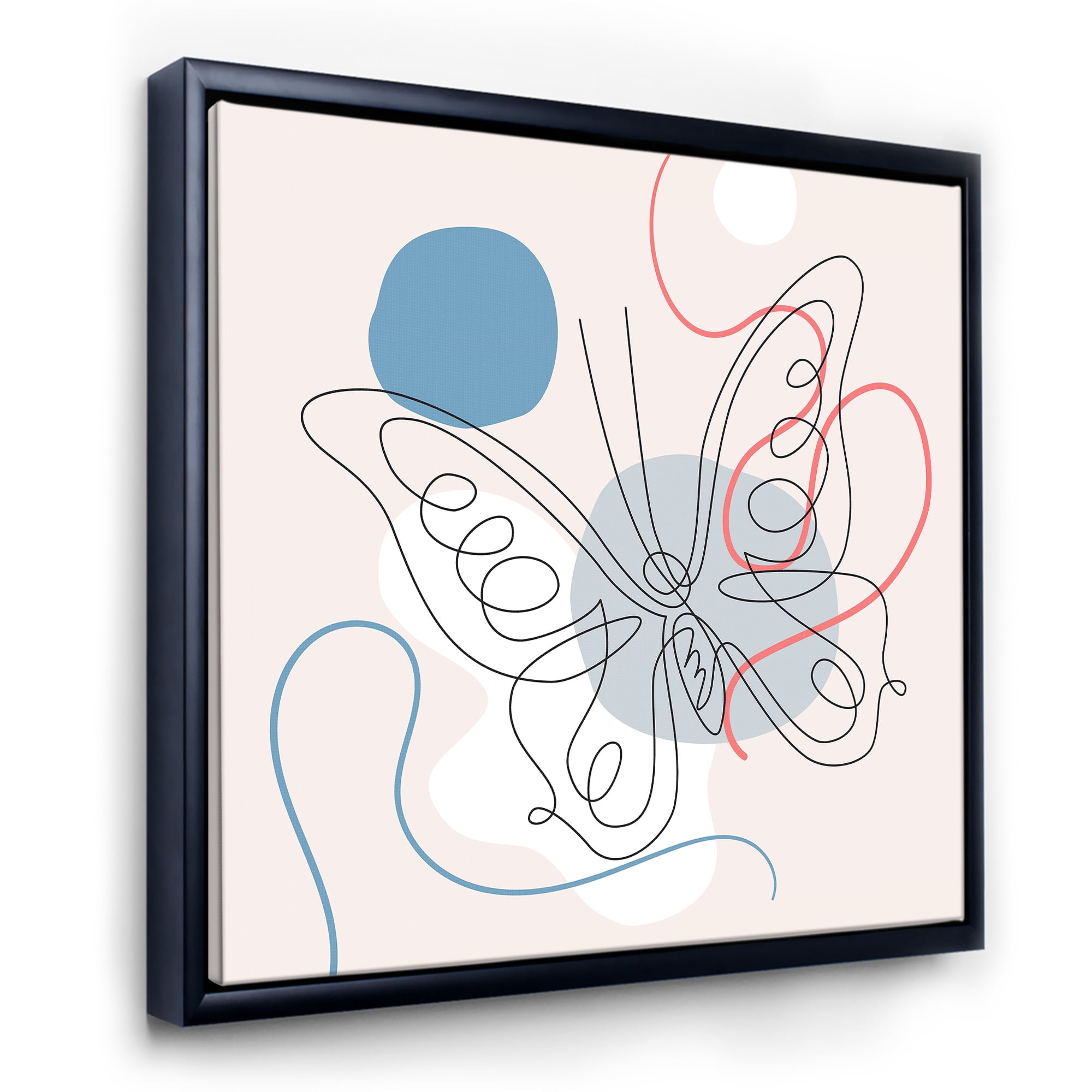 Designart 'One Line Butterfly Drawing On Cubism Shapes III' Modern Framed Canvas Wall Art Print