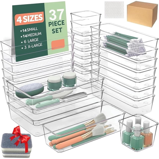 37 PCS Drawer Organizers Organizadores de Cajones de Plástico Transparente + 2 Pcs Cepillo de Limpieza - 4 Tamaños Cajas de Almacenamiento, Organizador de Maquillaje, para Cosméticos, Joyeros