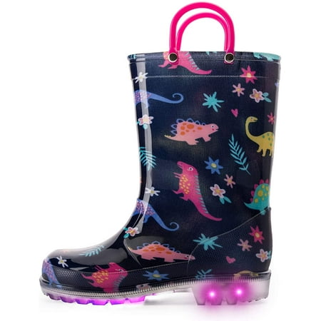 

K KomForme Kids Black Dinosaur Light up Rain Boot Size 2 Big Girl