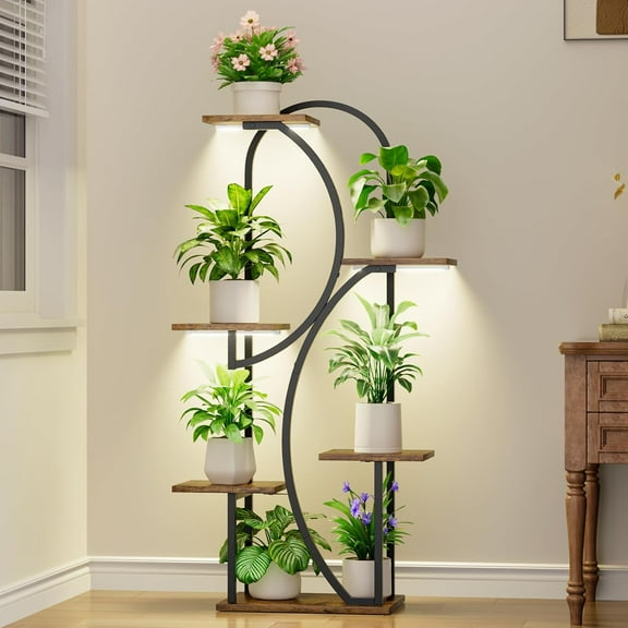 Stand Indoor With Grow Lights - 47" Indoor Plant Shelf, 6-Tiered Corner Plant Stand For Multiple Plants, Lighted Arch-Shaped Flower Display Rack For Living Room, Patio, Hallway