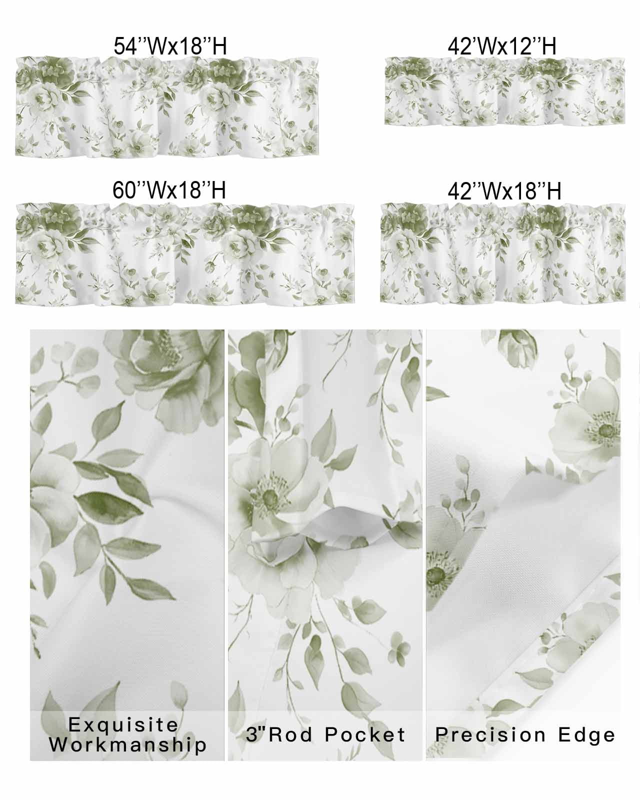 Vintage Sage Green Blossom Flower Curtain Valances for Kitchen Windows,Rod Pocket Short Valance Watercolor Floral Leaves Window Treatment for Living Room Bathroom Bedroom,54" x 18"-1 Panel