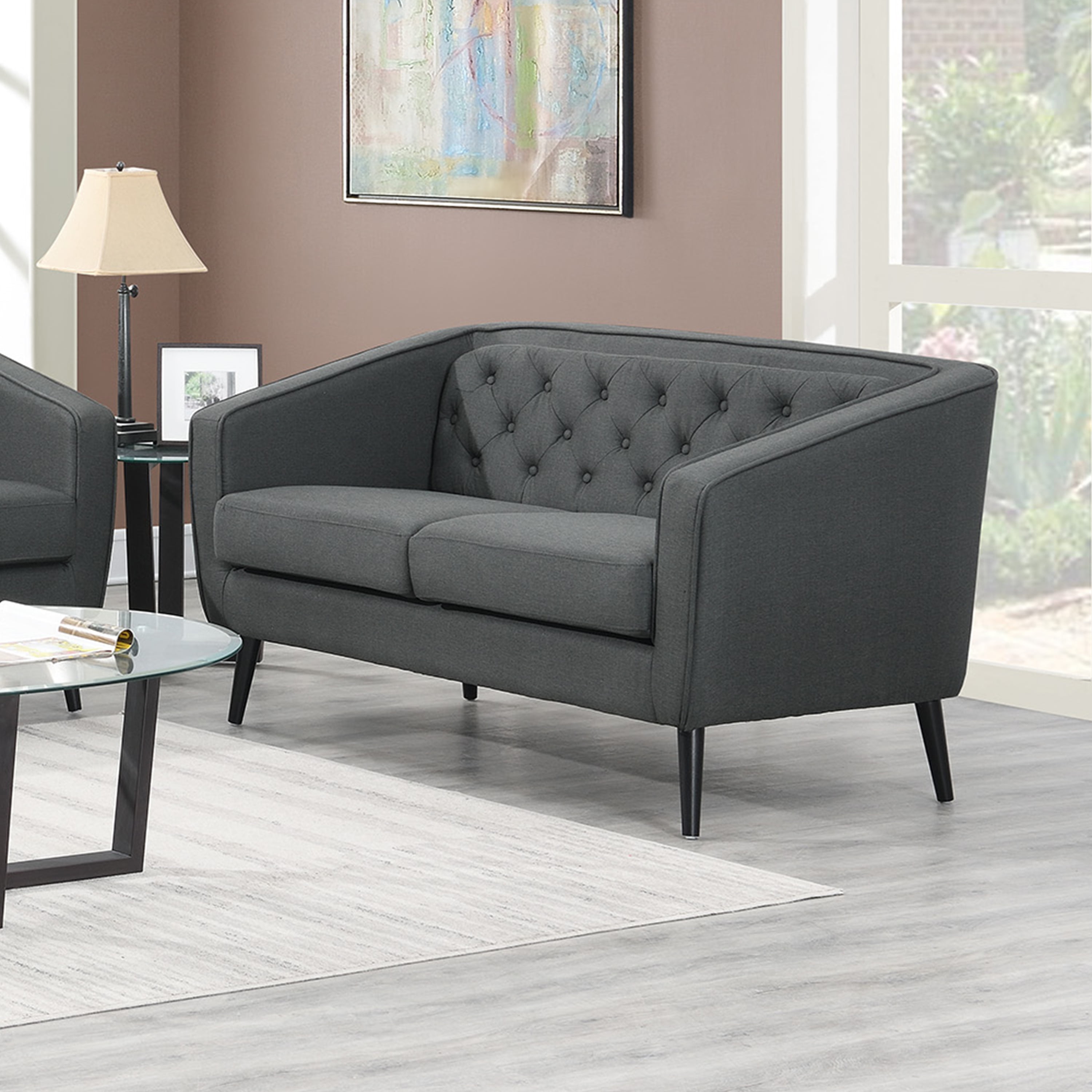 AC Pacific Mid-Century Modern Grey Polyester Tufted Tuxedo Arm Loveseat
