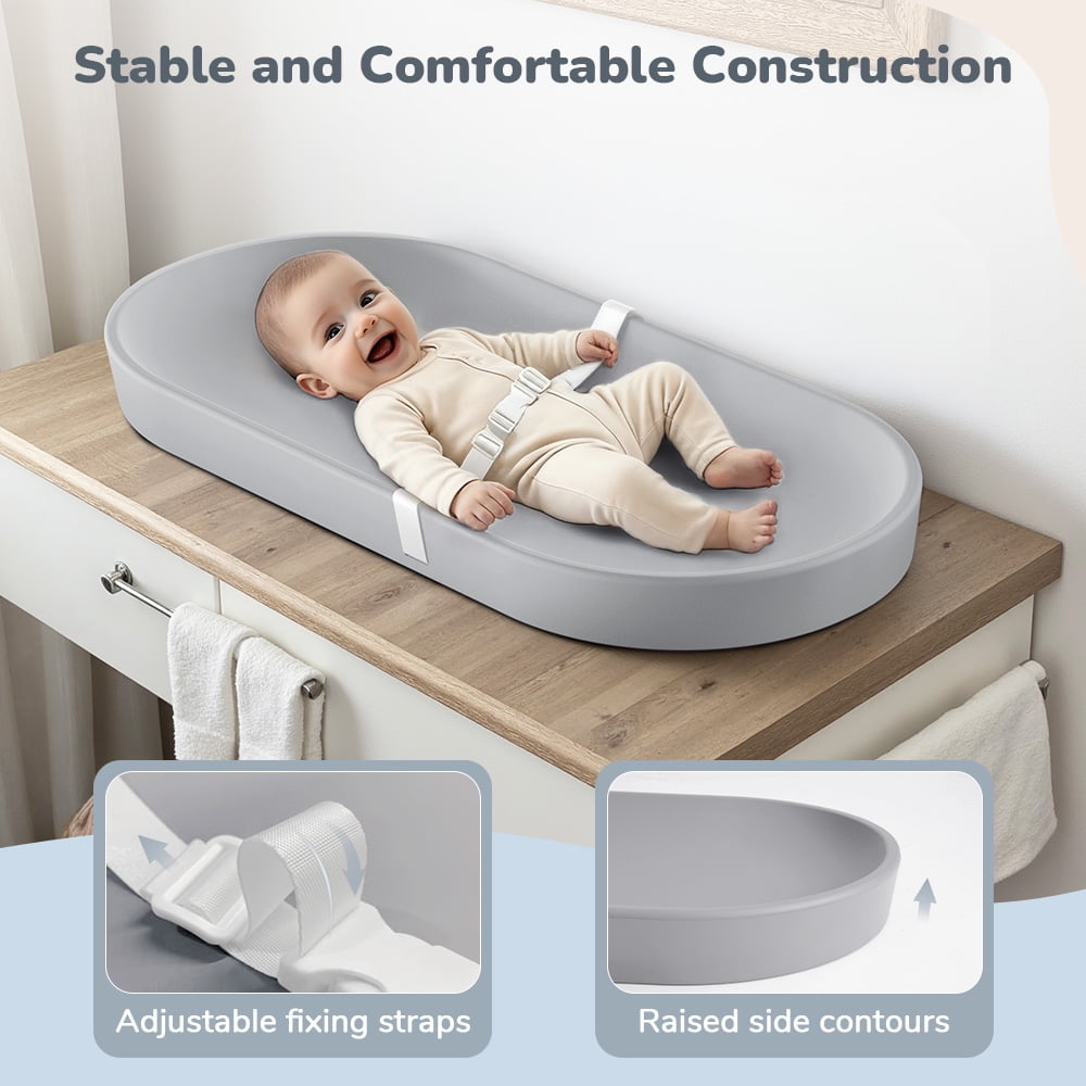 Baby Changing Pad, Caveen Lightweight and Portable Changing Station for Diaper Change and Dresser, with Safety Restraint Belt, Waterproof ,Light Grey