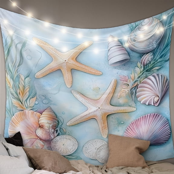 Coastal Beach Tapestry for Bedroom Wall Hanging Tapestry, Summer Starfish Nautical Shell Ocean Ceiling Backdrop Tapestries Poster Blanket Wall Decor for Teens Room Living Room Dorm 55" x 73"