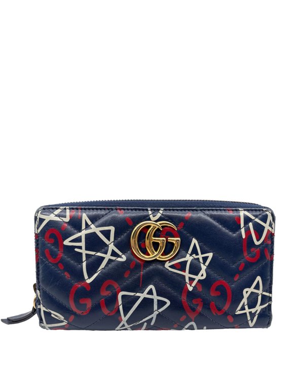 Pre-Owned Gucci Ghost Matelasse Leather Zippy Wallet Blue 448087