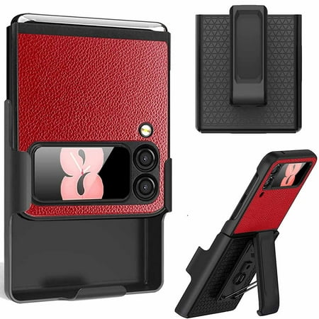 TECH CIRCLE for Samsung Galaxy Z Flip 4 Case, Belt Clip Holster Holder Case Foldable Kickstand Ultra Slim Premium Leather Camera Full Body Protection Cover,Red