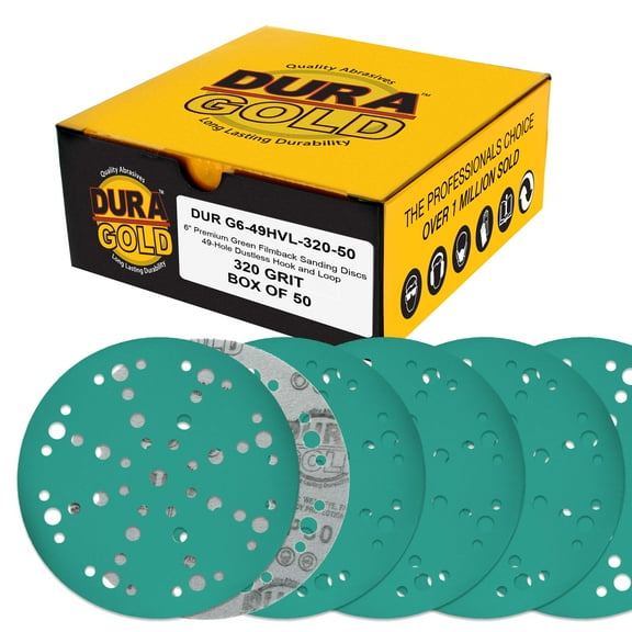 Dura-Gold Premium 320 Grit 6" Green Film Sanding Discs, 49-Hole Pattern, Box of 50 - Heavy-Duty Dustless Hook & Loop Backing Sandpaper for DA & Random Orbital Sanders, Sand Auto Paint, Wood Furniture