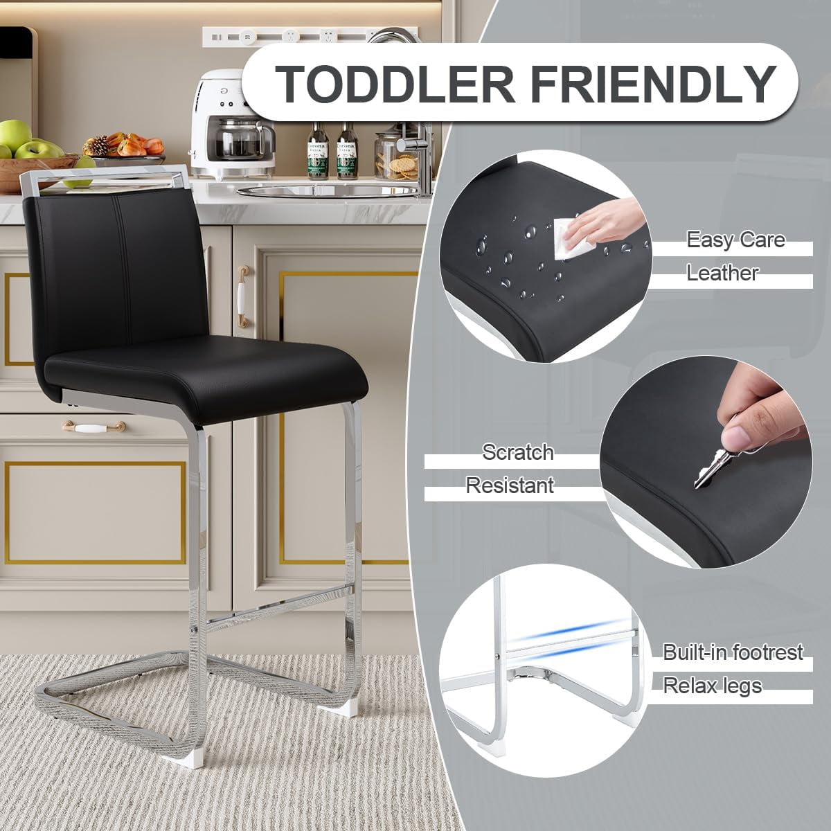 Lecut Bar Stools Set of 2,Counter Height Bar Stools with Back and Footrest,Modern Leather Counter Stools,Armless Dining Chairs for kitchen island,Pub,Bar,Black