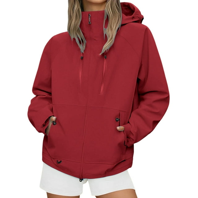 WEIYLL Womens Tops Plus Size Coat Windproof Jacket With Hood Thickened Workwear Hiking Red Fall Clothes ,XXXL