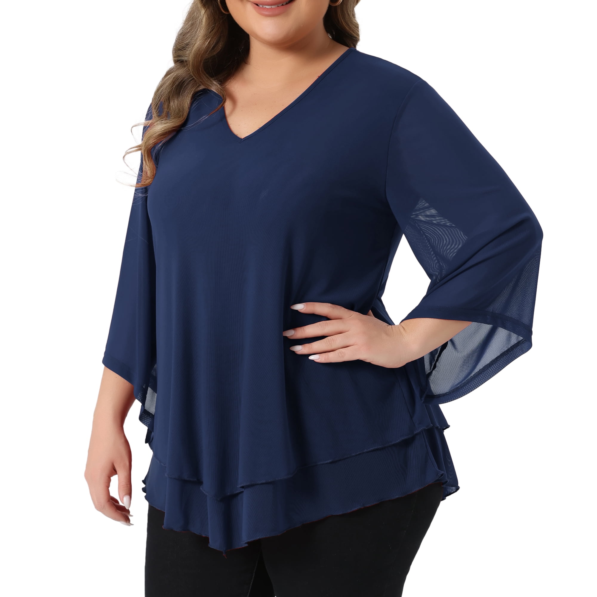 DARING DIVA Women's Plus Shirt 3/4 Sleeve Scoop Neck Double Layers Blouse Top 3X Navy Blue