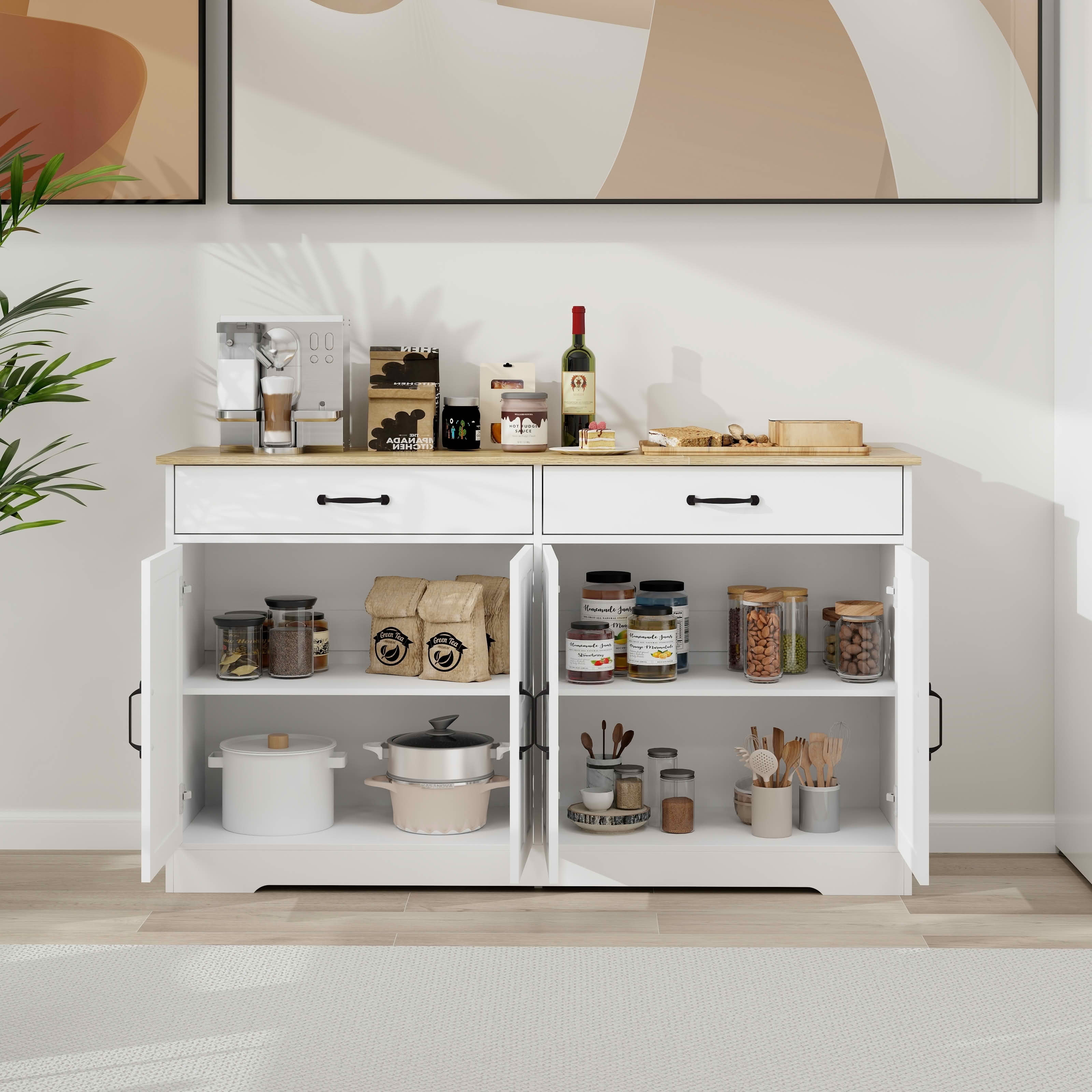 MAYEERTY 55.91-Inch Large Farmhouse Buffet Cabinet, Storage Sideboard with 2 Drawers 4 Doors for Kitchen Dining Room White