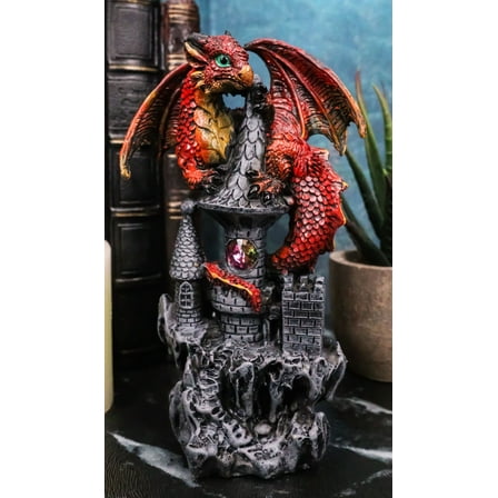Ebros Gift 5.25" Ember Fire Dragon Wyrmling On Castle Tower Top Garden Statues, Decorative