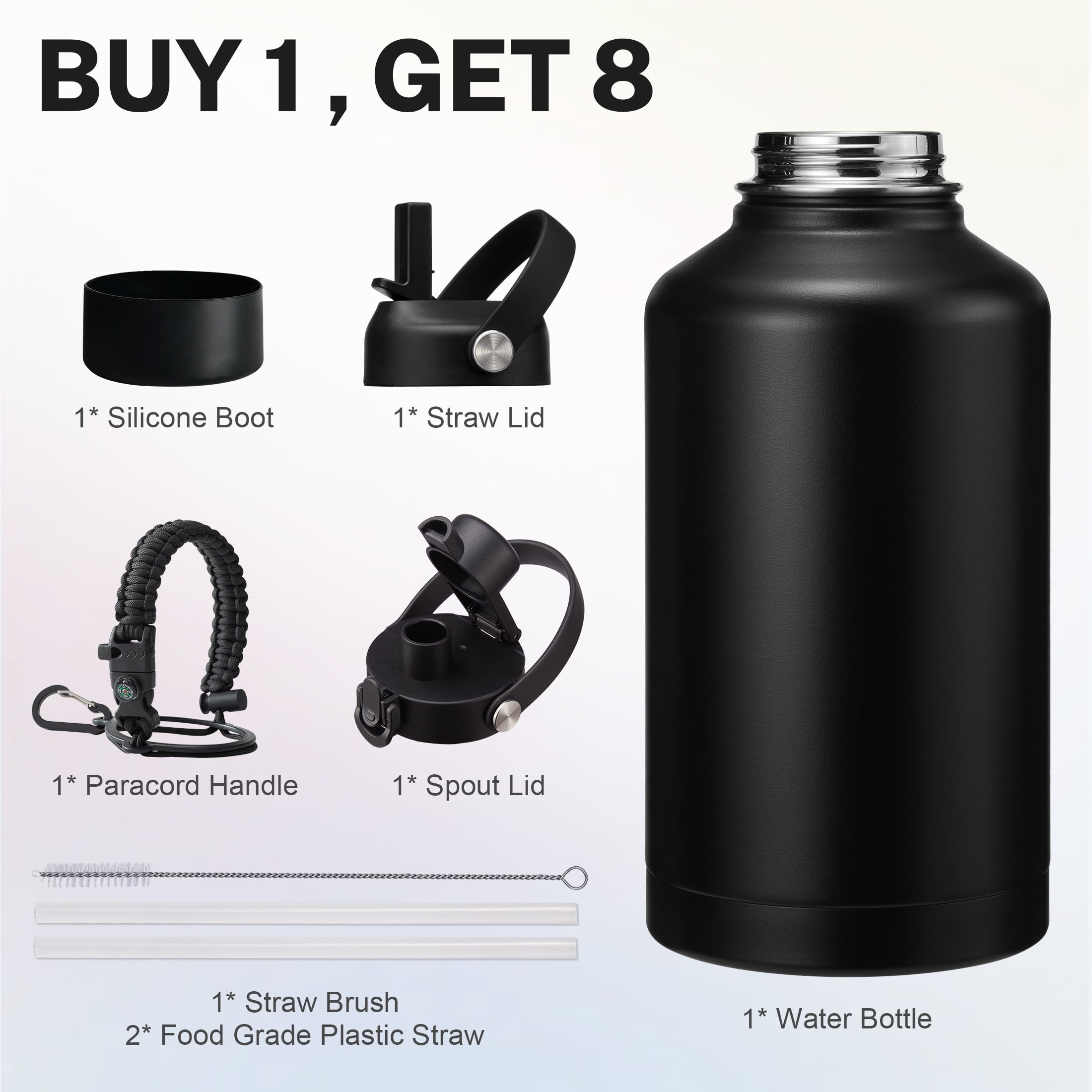 64oz Insulated Water Bottle - Keep Cold-48H Hot-12H,Vacuum Water Jug with Straw & Spout Lid,Paracord Handle,Half Gallon Sport Stainless Steel Water Flask