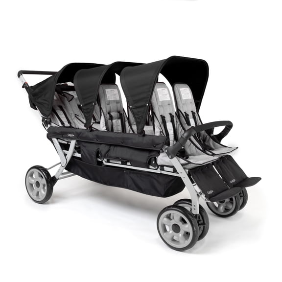 Foundations Gaggle Jamboree 6-Seat Folding Daycare Stroller with Canopies, Reclining Seats, Black