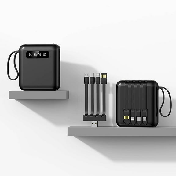 10000mAh Portable Charger with Built-in 4 Cables - USB C Power Bank, Mini External Battery Pack with LED Display, Travel Slim Fast Charging, Smart Protection for Phones Tablets