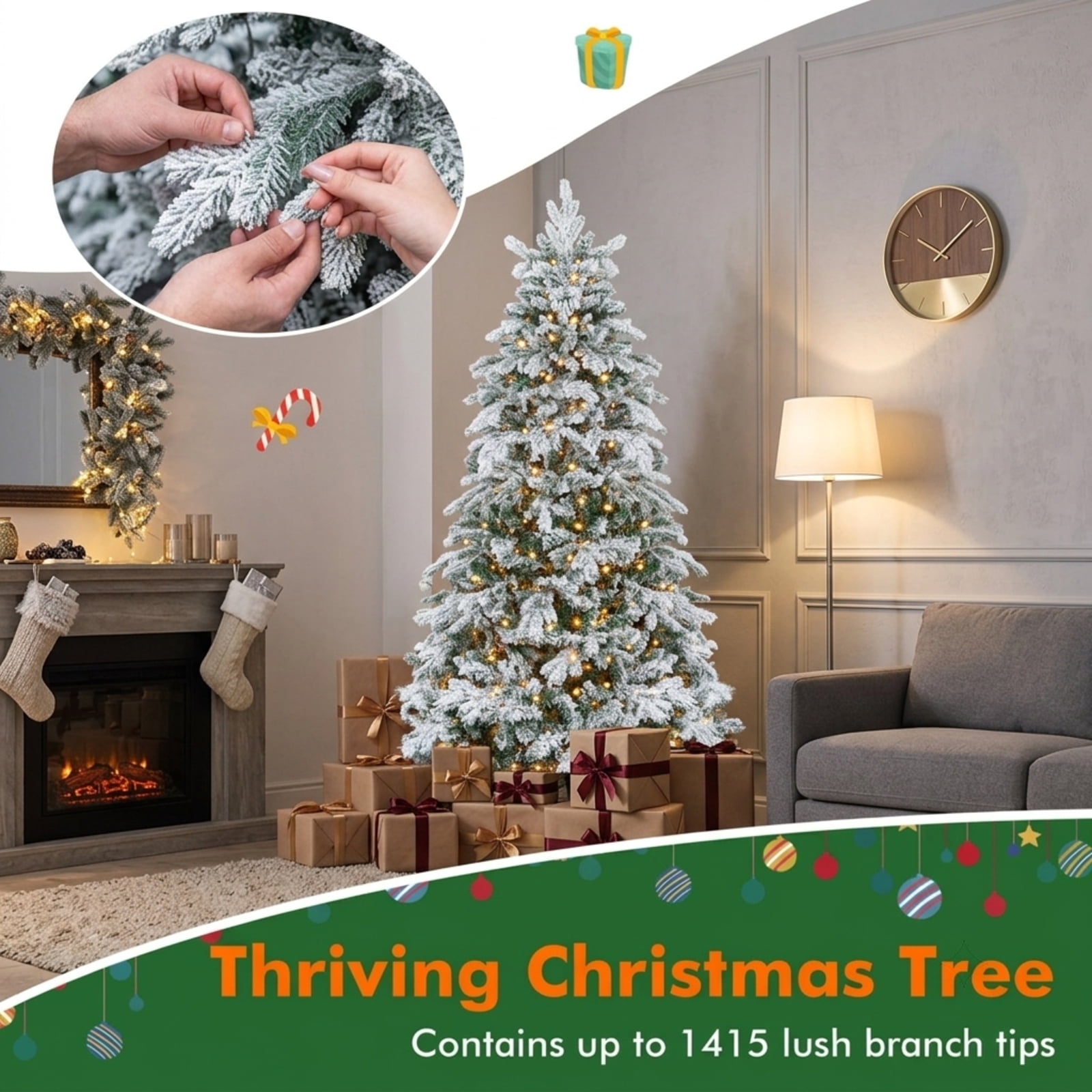 RUIE, 6 ft, Artificial Christmas Tree, with 260 LED Lights, 1415 Branch Tips, White & Green Holiday Xmas Tree for Indoor Home Office Decoration