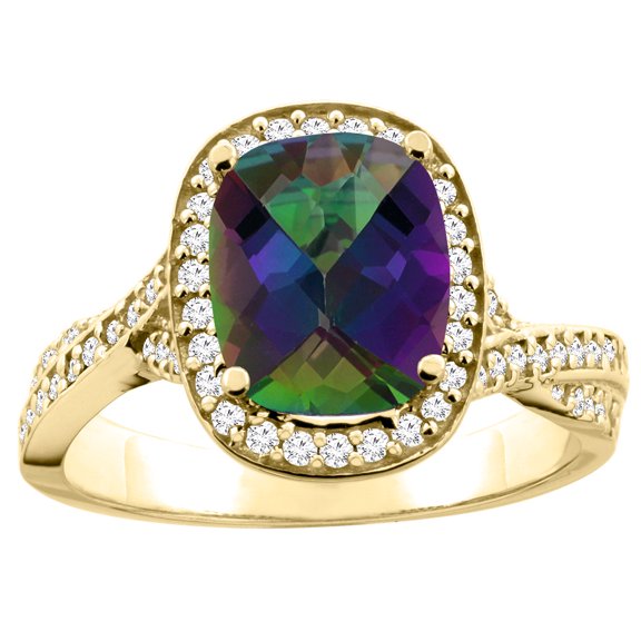 14K Yellow Gold Natural Mystic Topaz Halo Ring Cushion 9x7mm Diamond Accent 1/2 inch wide, size 7