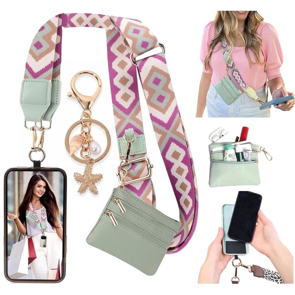Huzeijin Crossbody Phone Strap with Zippered Wallet Pouch and Keychain, Adjustable, Geometric Pink and Green, 37.8 in, 1-Piece