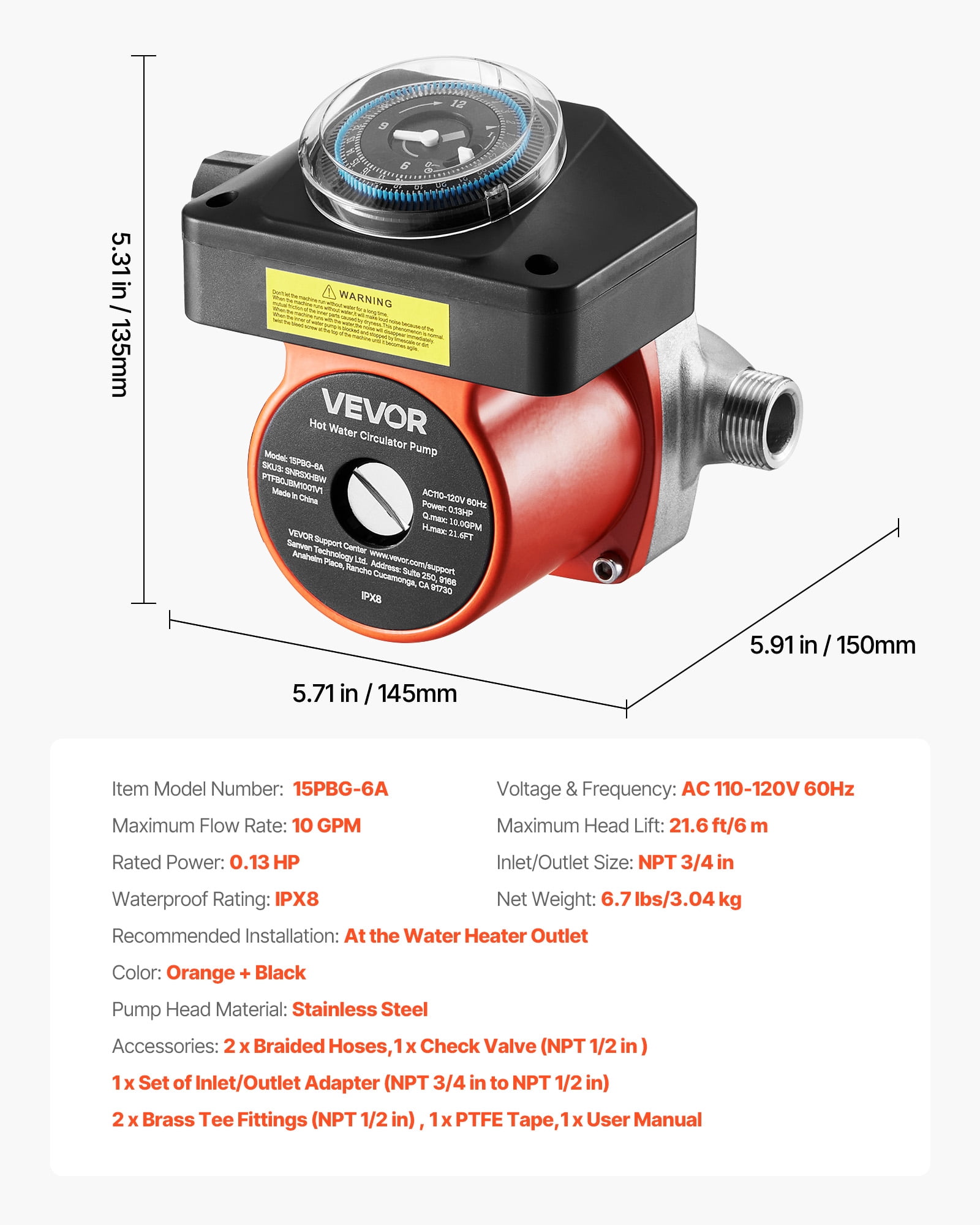 VEVOR Hot Water Recirculating Pump, with Bypass Valve, Instant Recirculation Pump Kit with Timer, Adapter, Circulation Circulator System, Stainless Steel Head,0.13 HP 110-120V, for Tank Water Heaters