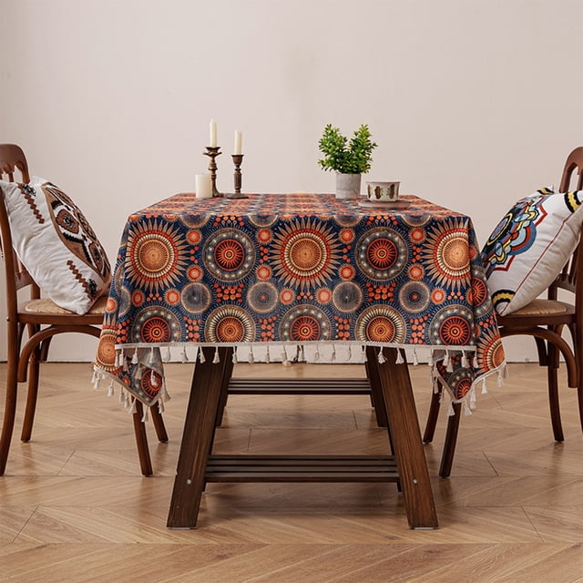 Fesfesfes Boho Tablecloth for Square Tables,Fringed Edges with Geometric Pattern Tablecloths,Floral Table Cover Cloth Decorative for Kitchen Dining Room