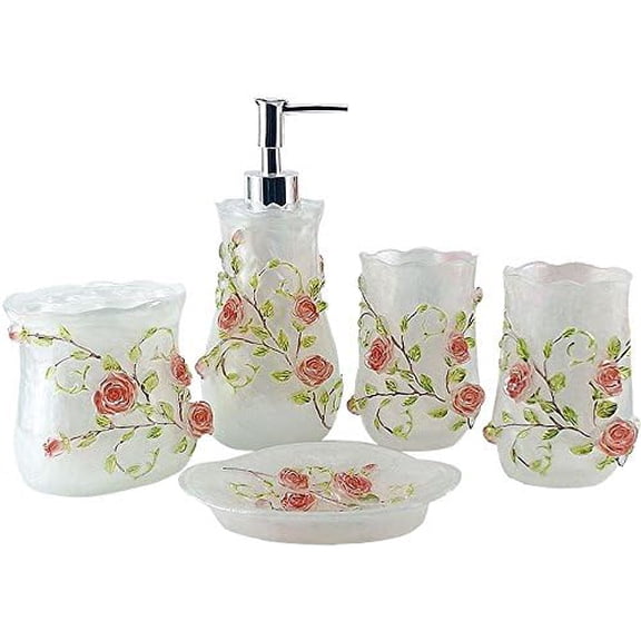 Resin 3D Roses 5PC Bathroom Accessories Set Soap Dispenser/Toothbrush Holder/Tumbler/Soap Dish (White)